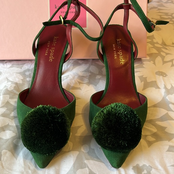 kate spade New York Women's Amour Pom Pom Ankle Strap High Heel Pumps in Green - Picture 11 of 12